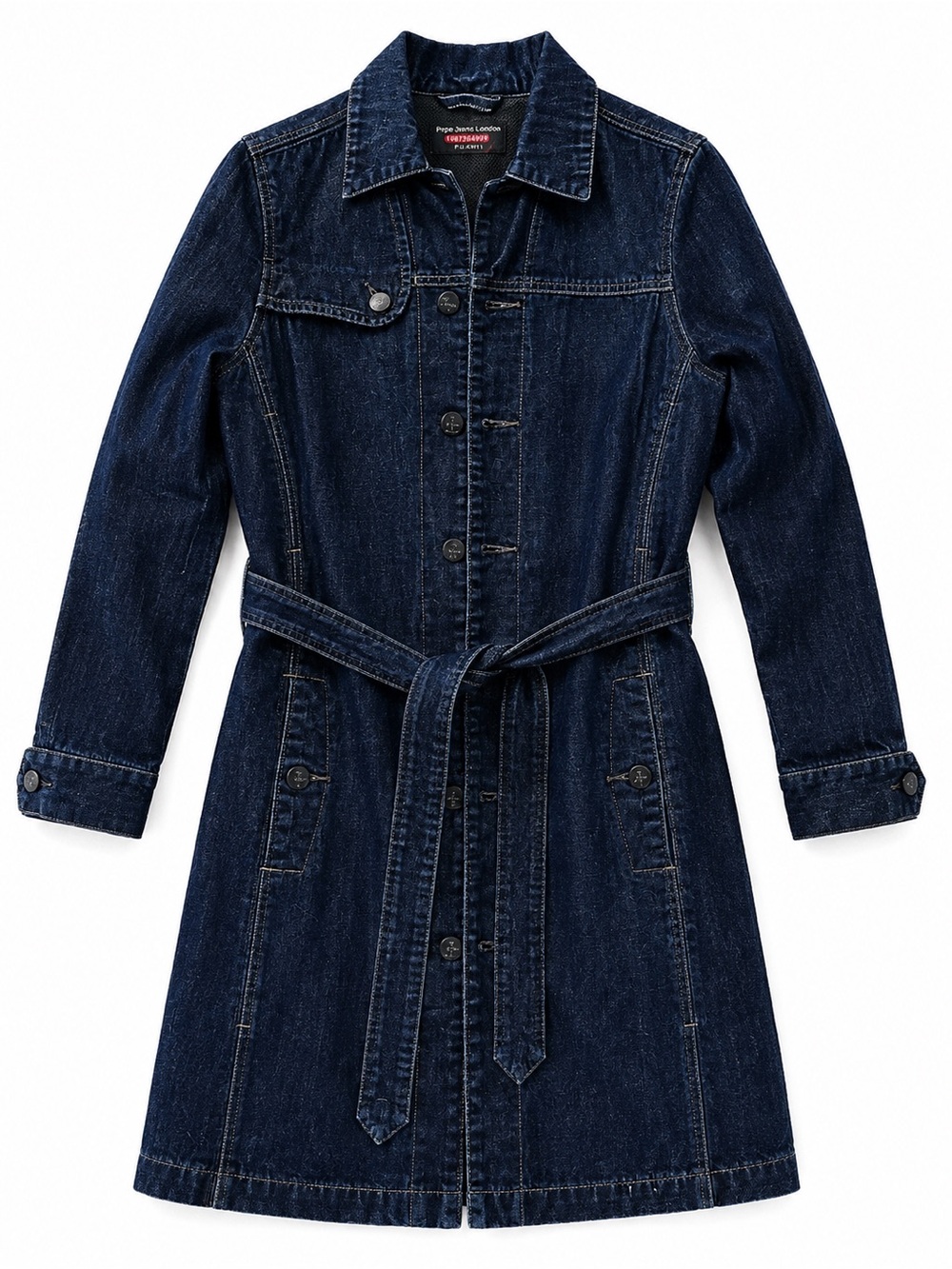 Vintage Y2K Pepe Jeans London Dark Denim Trench Coat Belted S